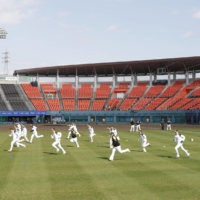 Softbank Hawks' spring training camp kicks off in an empty ballpark in Miyazaki on Monday. | KYODO