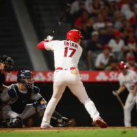 Los Angeles Angels designated hitter Shohei Ohtani bats on Monday. | USA TODAY / VIA REUTERS