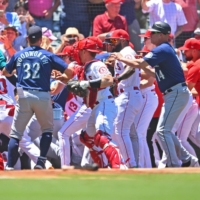 Angels and Mariners players brawl during the second inning in Anaheim, California, on Sunday. | USA TODAY / VIA REUTERS