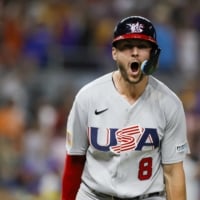 U.S. shortstop Trea Turner reacts after hitting a grand slam against Venezuela during the eighth inning of their World Baseball Classic quarterfinal in Miami on Saturday. | USA TODAY / VIA REUTERS