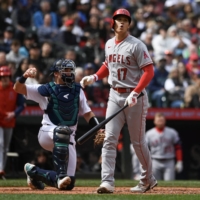 Angels starting pitcher Shohei Ohtani reacts after taking a pitch against the Seattle Mariners during the sixth inning at T-Mobile Park in Seattle on Wednesday. | USA TODAY/ VIA REUTERS