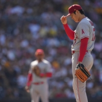 Shohei Ohtani allowed seven hits with four walks and five strikeouts in an 86-pitch outing against the Padres in San Diego on Tuesday. | USA TODAY / VIA REUTERS